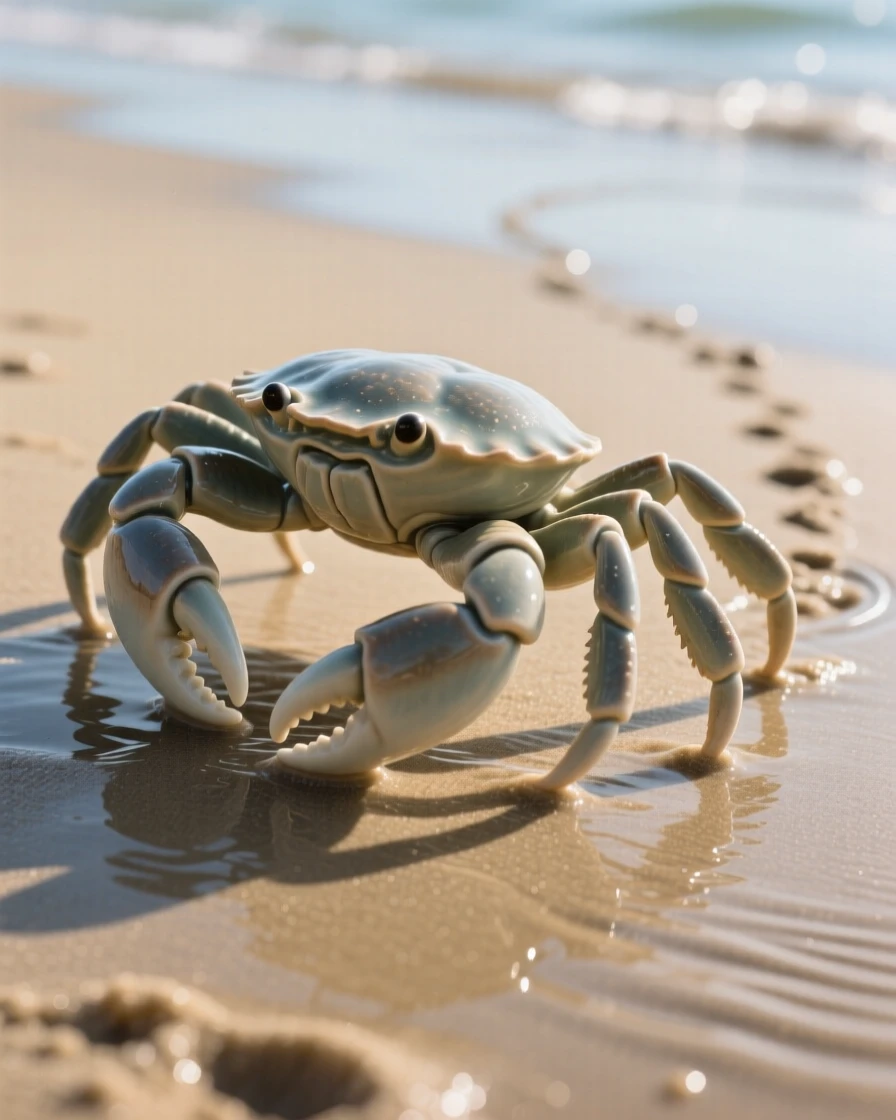 A crab scuttling across wet sand suspended in a shaft of filtered sunlight, trailing a faint wake through the water, stirring wonder at the mysteries of the deep.