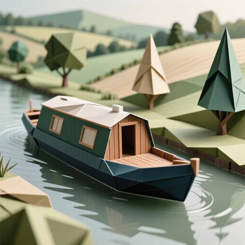 A traditional canal boat drifting through the countryside of the English Cotswolds.