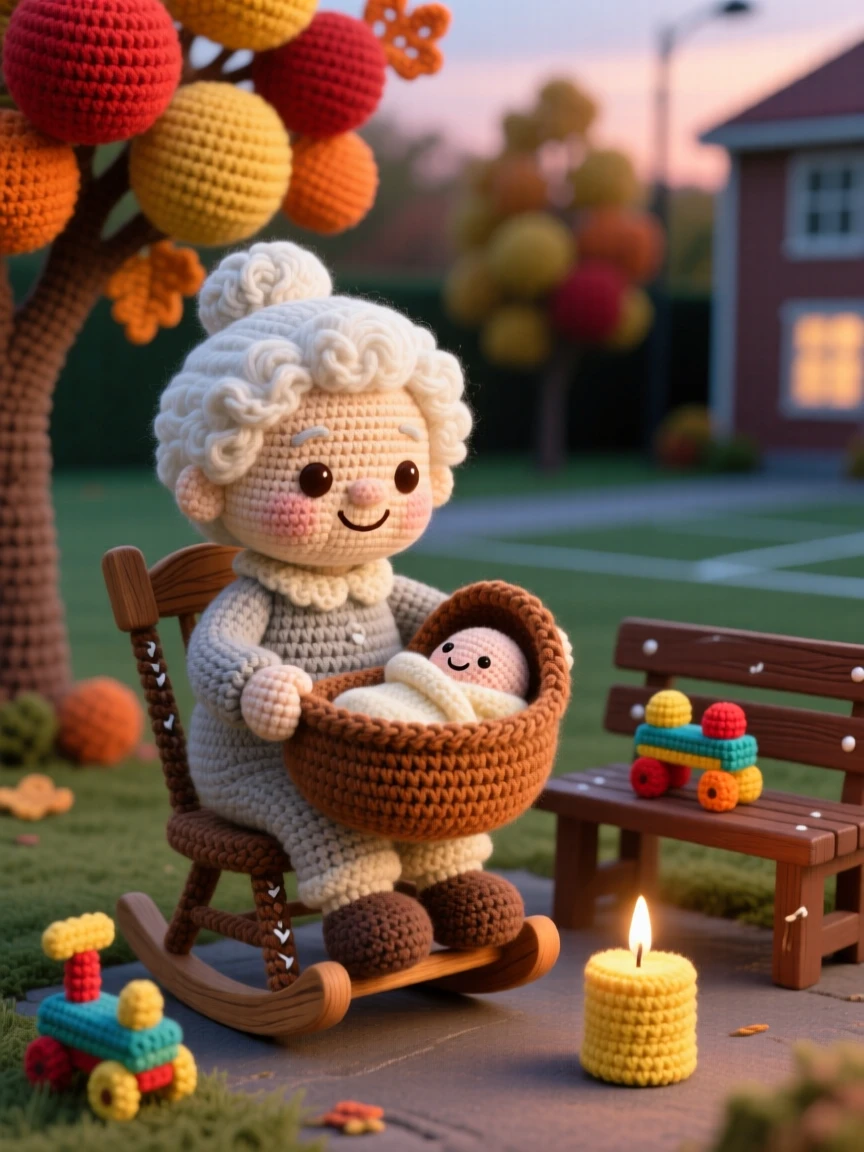 a gentle grandmother rocking a cradle, with a soft lullaby hum, is captured gently rocking a wooden cradle by candlelight in a quiet schoolyard framed by autumn trees beside a small wooden toy left on a bench, radiating a nostalgic, storybook warmth.