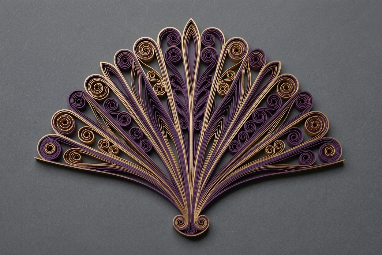 An elegant design featuring an art deco fan motif with fanning symmetrical lines, built up in graduated layers of increasing size, in rich plum and antique gold hues, centered on a soft charcoal grey surface.