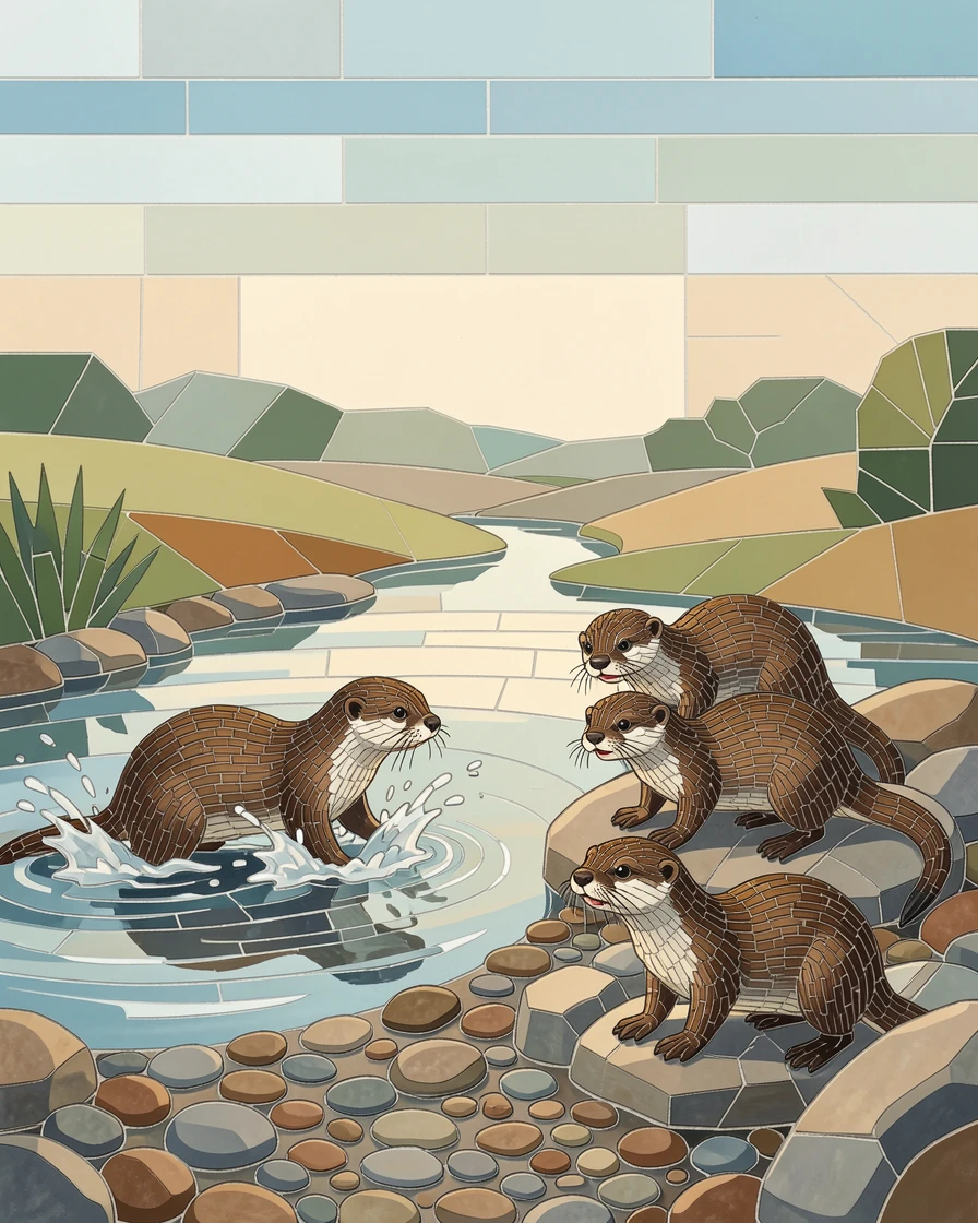 A family of otters playing along a riverbank, captured in soft natural light with a shallow depth of field.