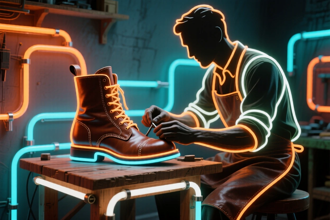 A cobbler repairing a leather boot at a wooden workbench.