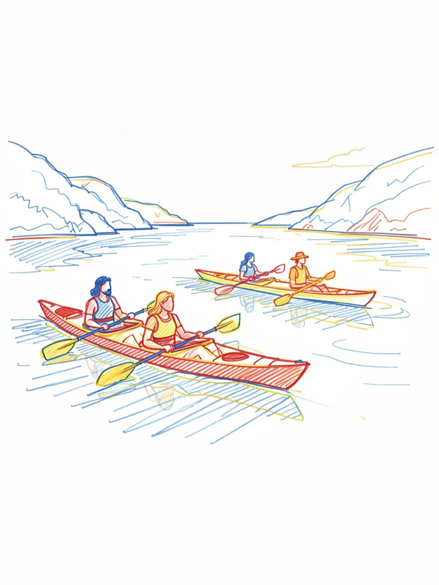 A group of friends kayaking together through calm ocean coves