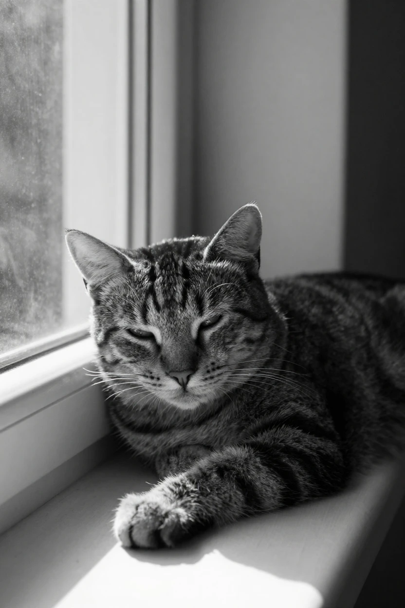 A tabby cat naps in a patch of afternoon sun beside a sunny windowsill.