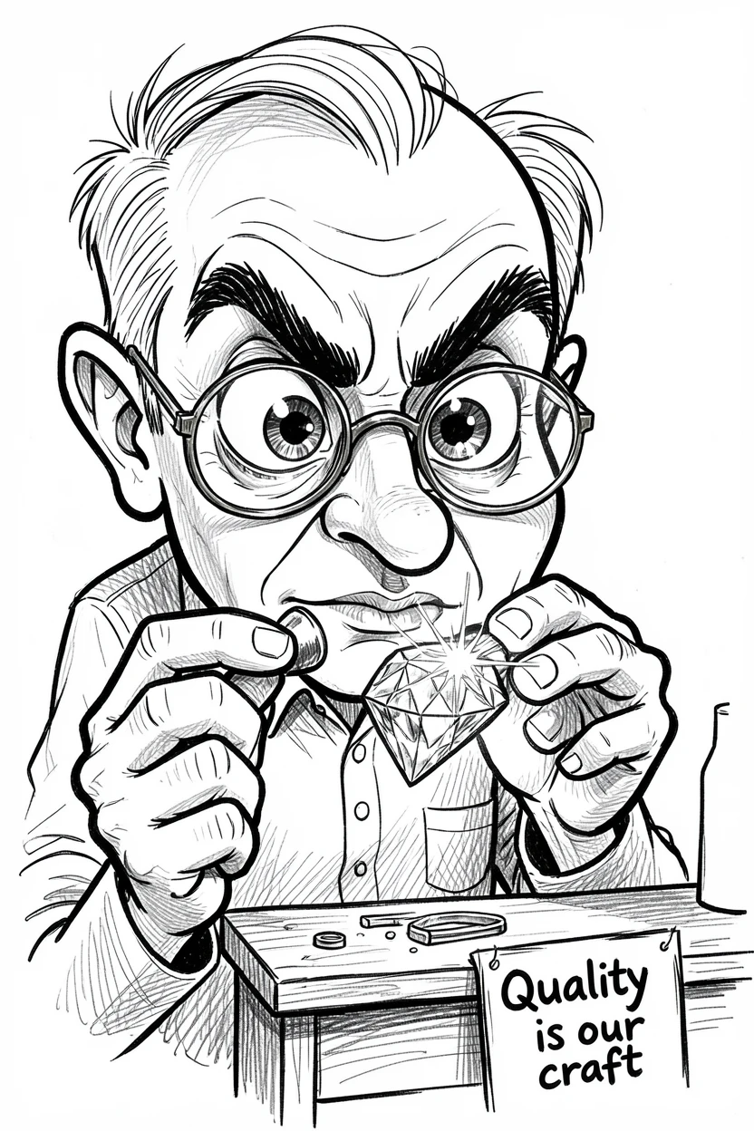 [Occupations & Hobbies] Detailed scene of a focused jeweler examining a diamond through a loupe, showcasing skill and dedication