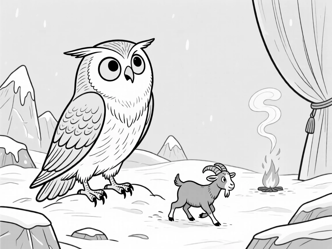 A wizard's owl familiar rolling its eyes at its master, grumbling at a tiny goat trying to cross anyway, set in a frostbitten arctic valley. A stray spark sets a curtain gently smoldering. There's a cozy, storybook warmth to the whole image.