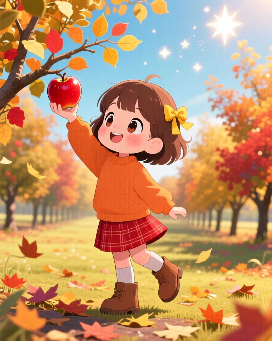 A little girl picking apples from a low orchard branch, framed as a dynamic diagonal composition within a sunny autumn orchard, on a crisp autumn afternoon, glowing under sparkling starlight, evoking sleepy relaxation.