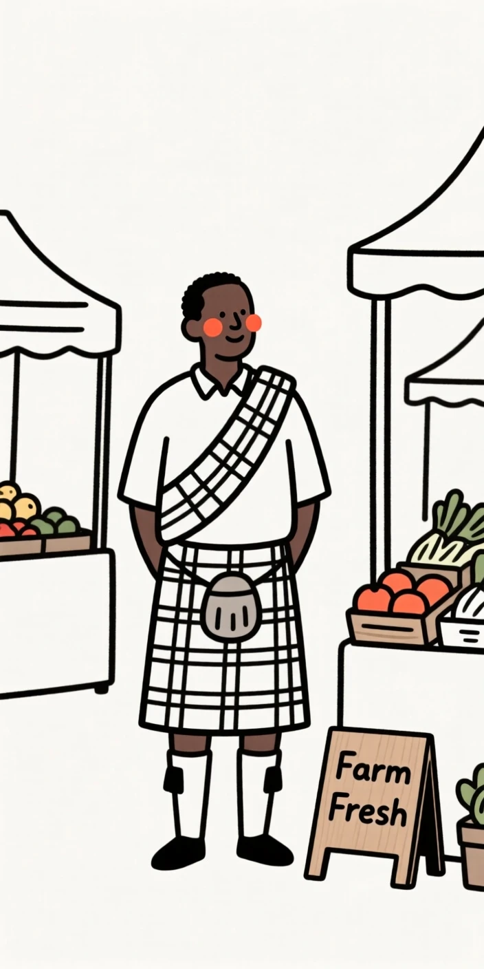 A father of Kenyan heritage wearing a Scottish kilt, looking serene and at peace, at a countryside farmers market.
