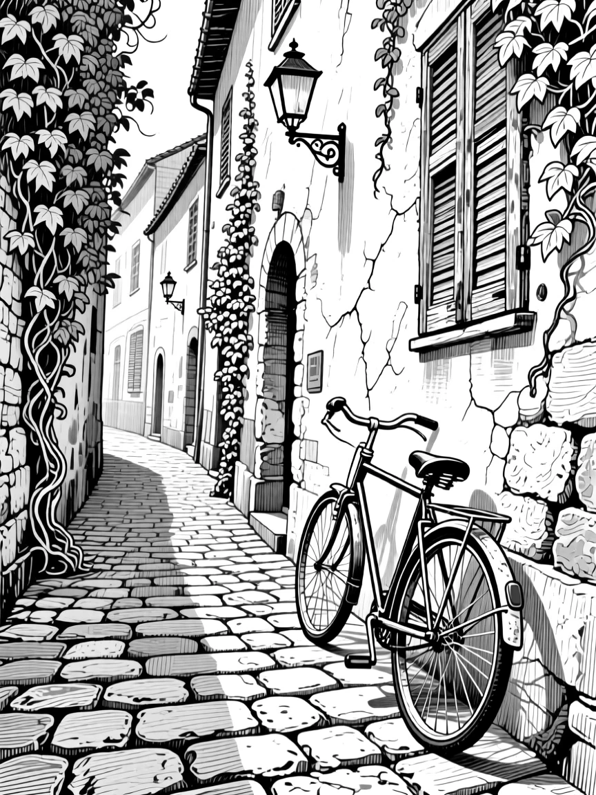 A narrow cobblestone alley with ivy climbing its weathered walls, featuring a bicycle leaning against the wall, rendered in a rich with history architectural composition.