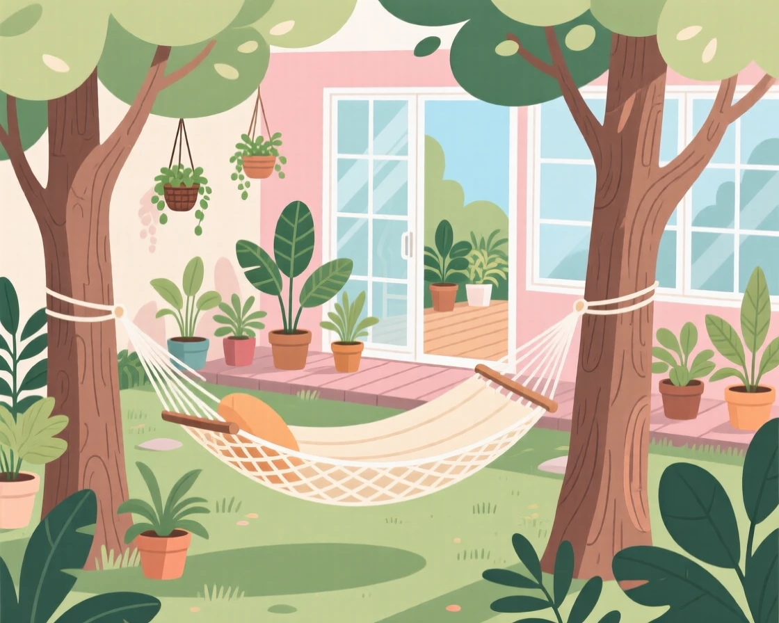 A cozy hammock strung between two trees in a backyard, set within a plant-filled room bursting with greenery, shown from a slightly elevated angle for a cozy overview, with gentle pastel tones evoking calm and comfort.