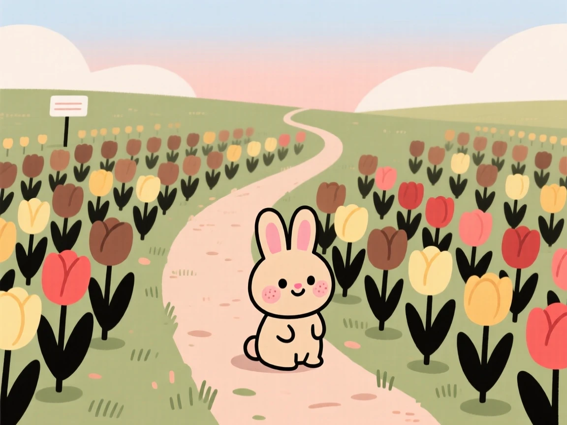 A winding path leads through a sprawling meadow bursting with tulips in neat rows, where a small rabbit pauses among the blooms.