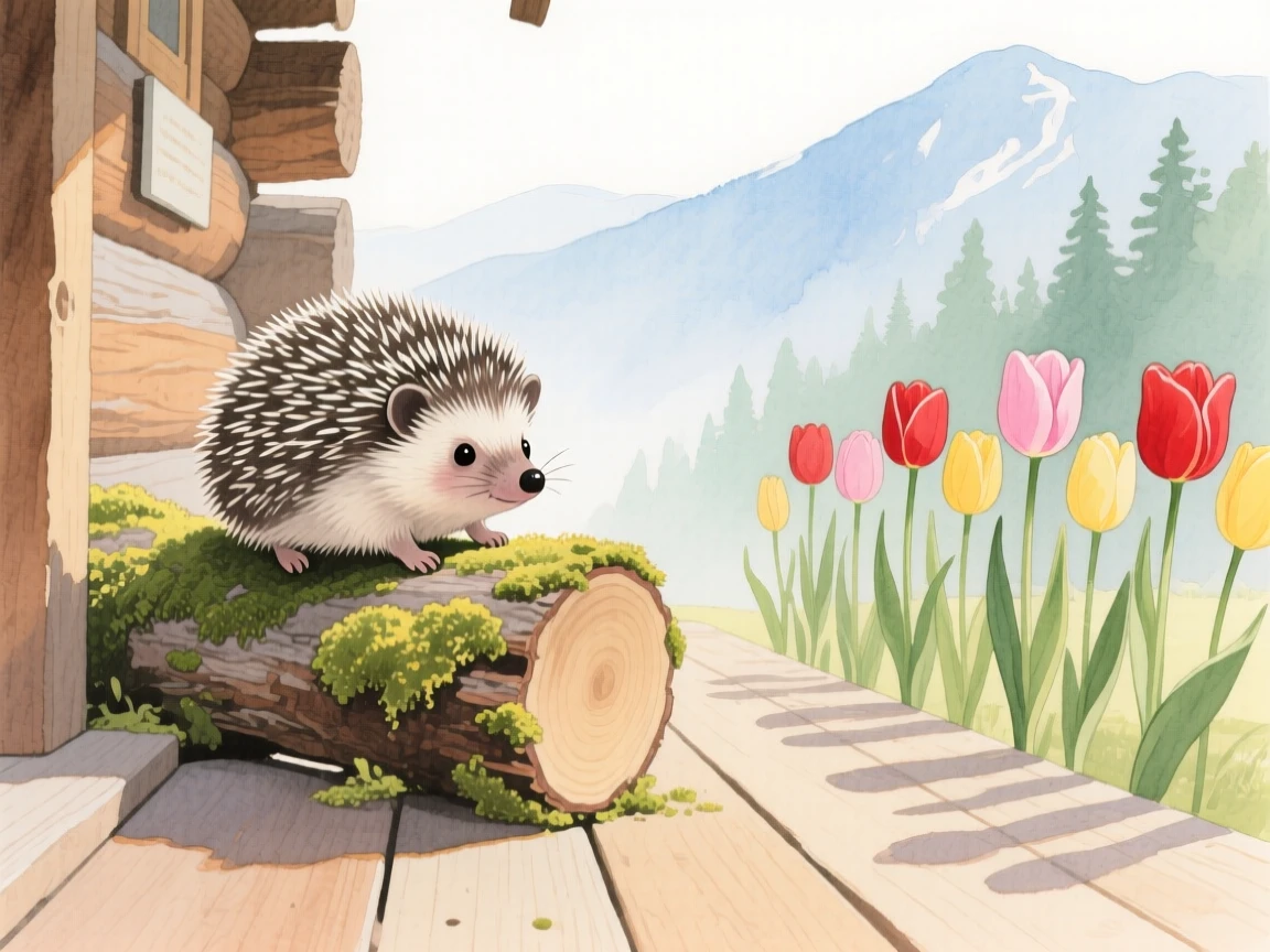 A baby hedgehog climbs over a mossy log in a mountain cabin porch, beside a row of blooming tulips