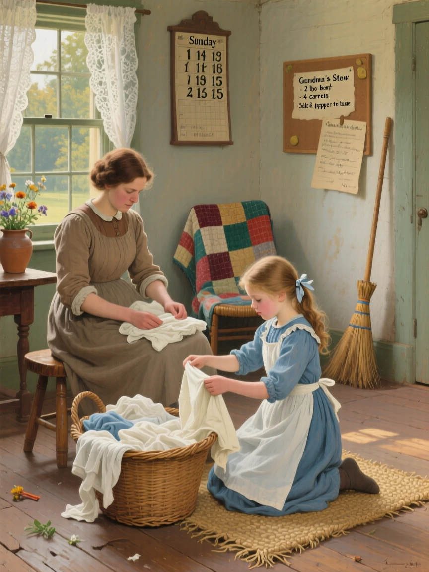 A young girl helping her mother fold laundry on a Sunday afternoon, with small, authentic details that make the moment feel real, offering a heartwarming glimpse into ordinary, meaningful moments