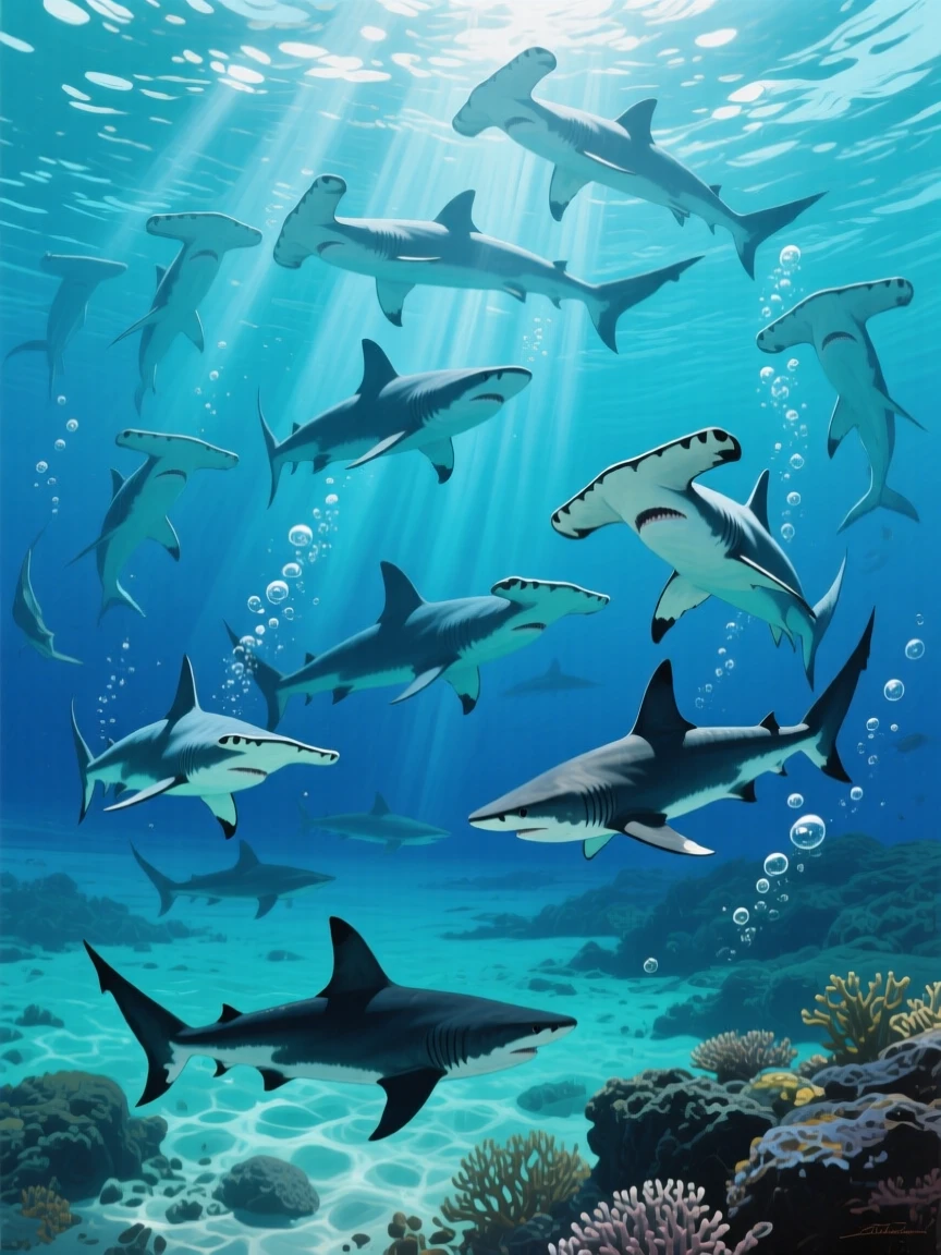 A massive school of hammerhead sharks circles slowly in the deep waters near the Galápagos Islands, sunlight streaming down in scattered beams, the scene suggesting a fleeting, candid moment rather than a posed encounter.