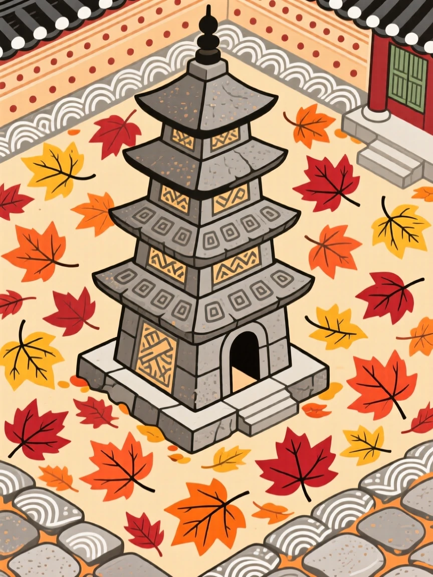 A view of an ancient stone pagoda, with autumn leaves scattered across the courtyard.
