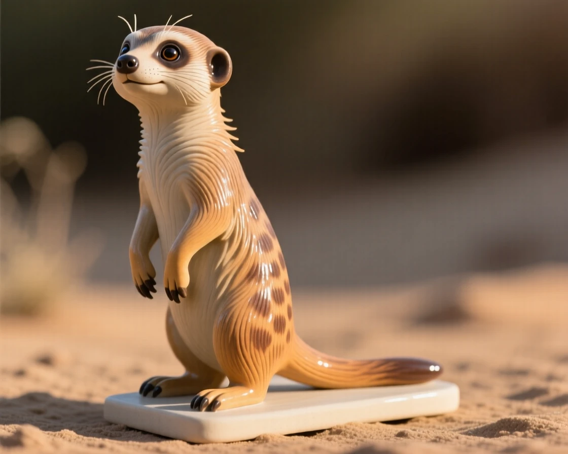 A curious meerkat standing tall stretched out in warm afternoon light, with a soft breeze lifting its fur, filling the scene with playful, heartwarming charm.