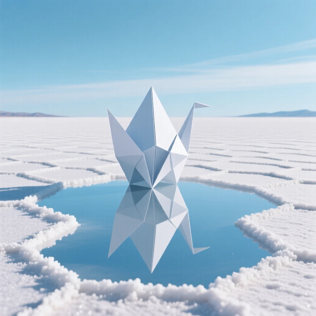 The Salar de Uyuni salt flats stretching endlessly under a mirror-still sky reflection.