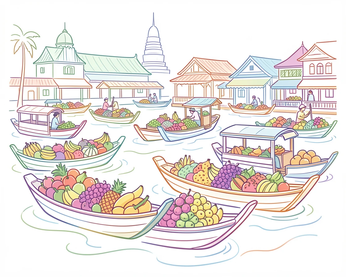 The floating markets of Bangkok with boats piled high with fruit.