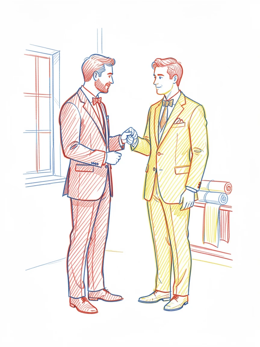 A tailor fitting a client for a bespoke suit in a warm studio