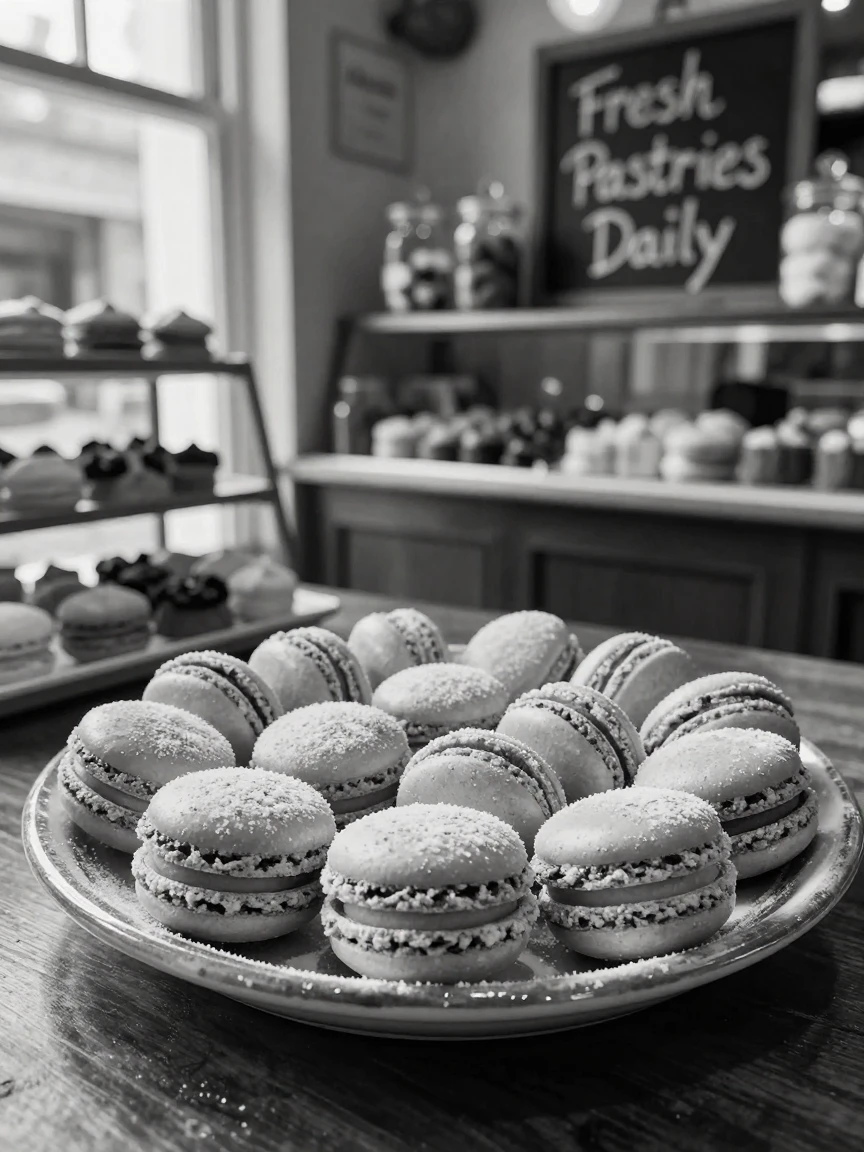 A tray of macarons is dusted lightly with powdered sugar in a charming pastry shop.