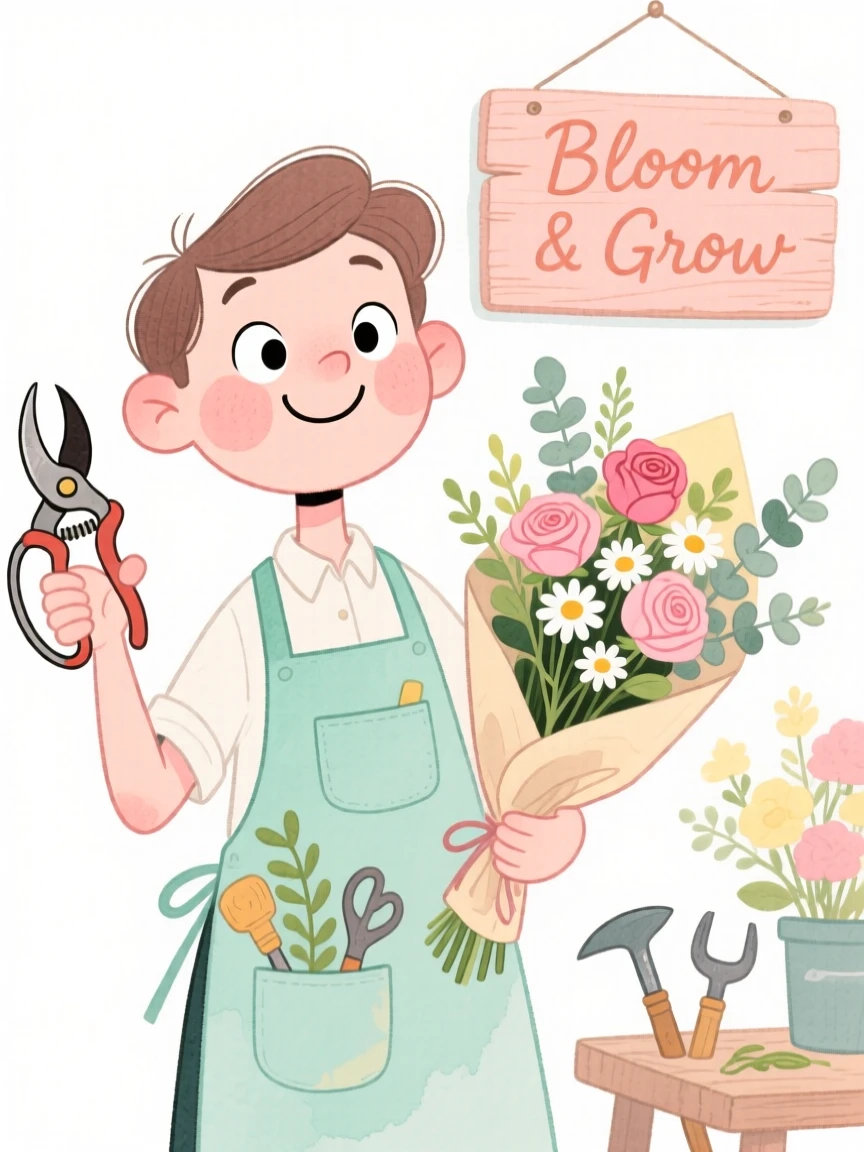 A florist posing with the instruments of their craft