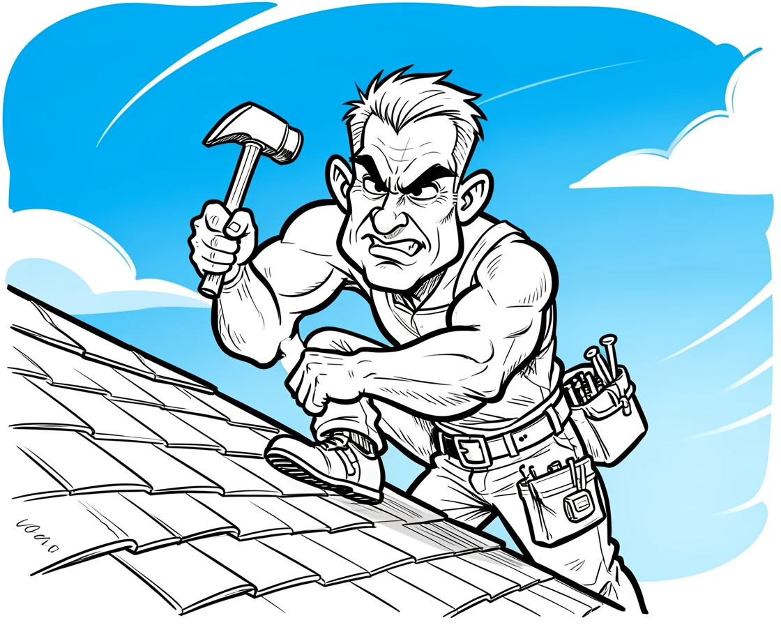 [Occupations & Hobbies] Detailed scene of a skilled roofer hammering shingles under a bright blue sky, showcasing skill and dedication