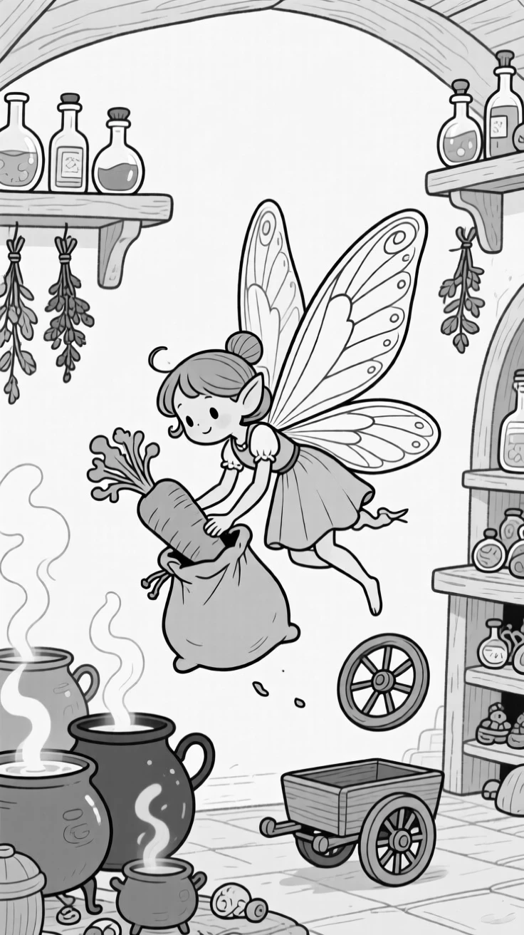 A tiny fairy tangled in her own oversized wings, stuffing a carrot bigger than its own head into a sack, set in a cluttered cottage full of bubbling cauldrons. A tiny cart wheel spins uselessly in the air. It feels like a page pulled from a beloved fairy tale.
