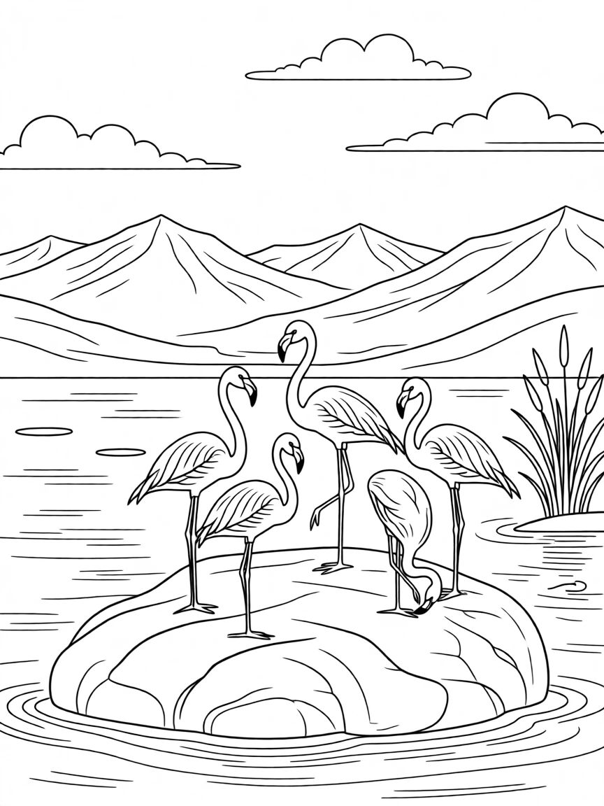 A flock of flamingos basking on a sun-warmed rock, with a distant mountain range in the background.