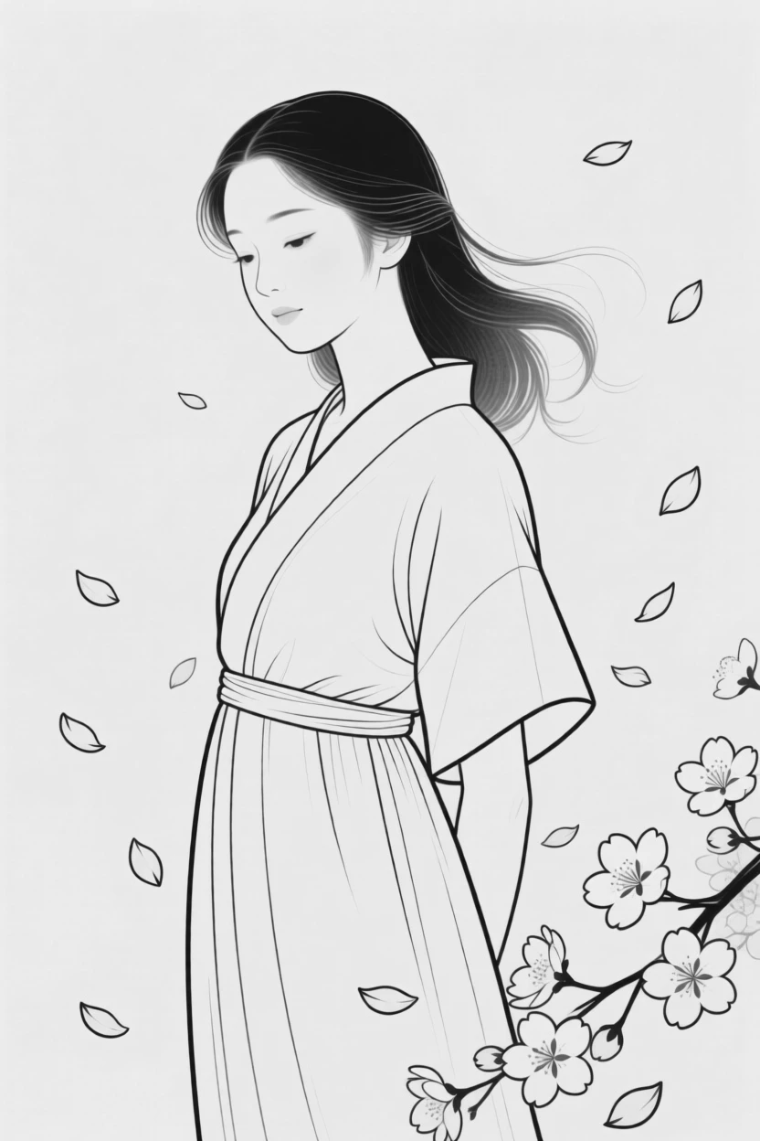 A woman surrounded by falling cherry blossom petals