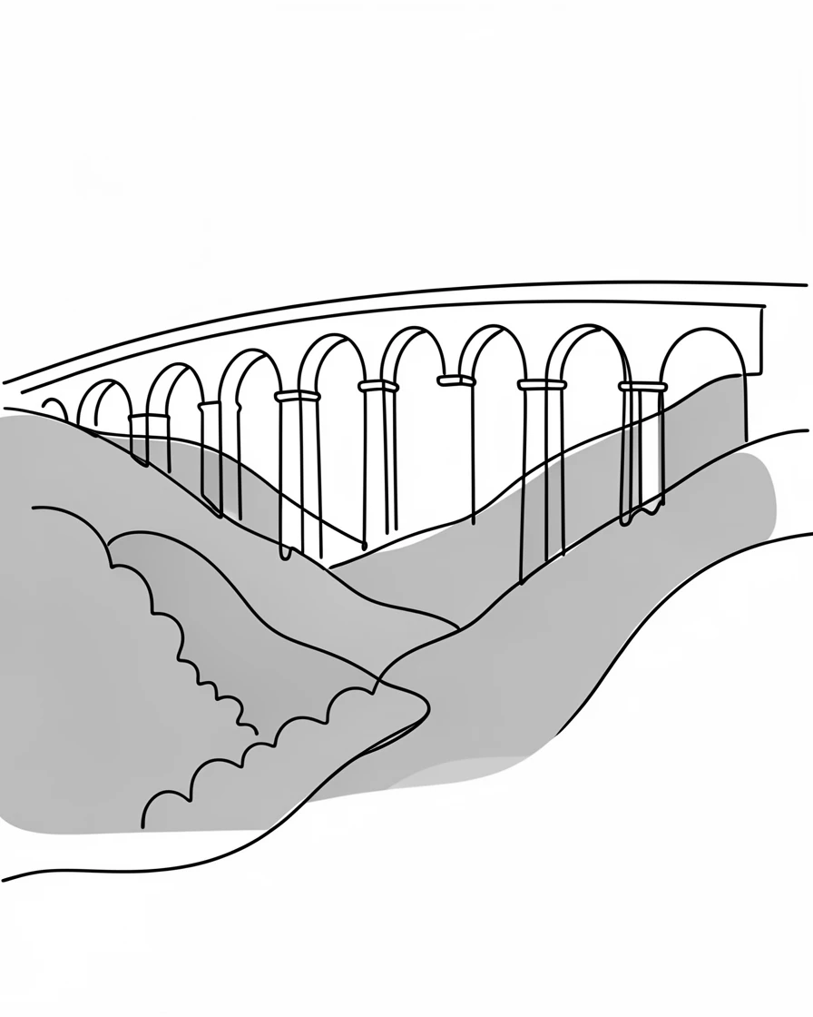An ancient stone aqueduct stretching across a green valley
