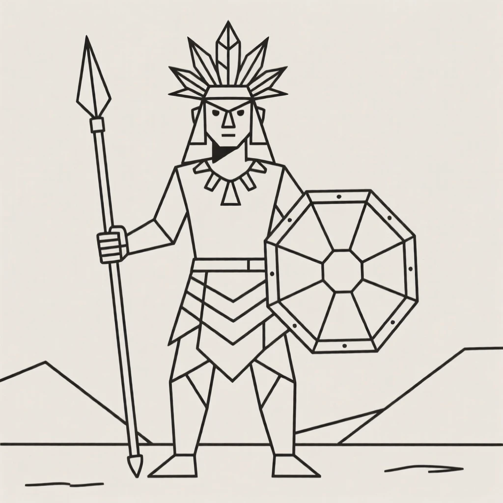 A tribal warrior standing with traditional weapons
