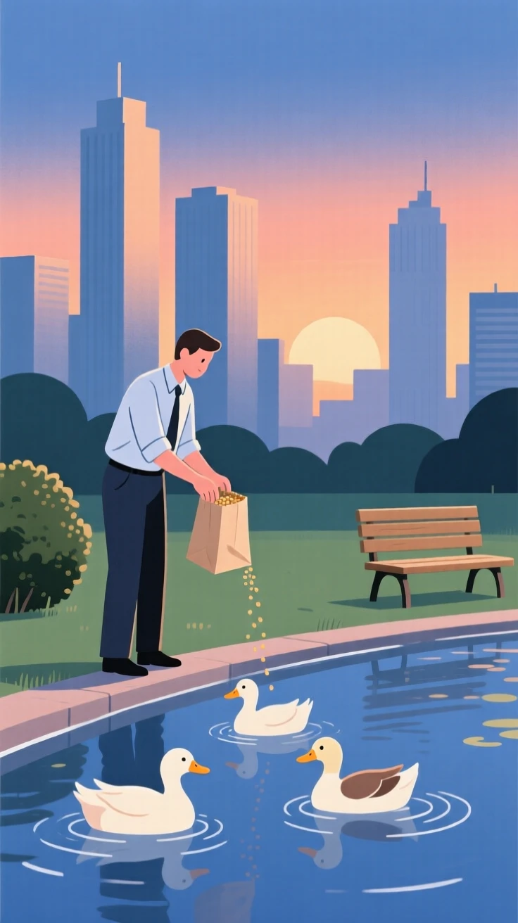 An office worker feeding ducks at a pond on a quiet summer evening in the city.
