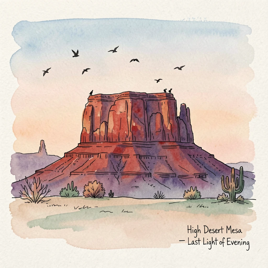 A high desert mesa glowing red in the last light of evening, birdsong drifting through the stillness of early morning.
