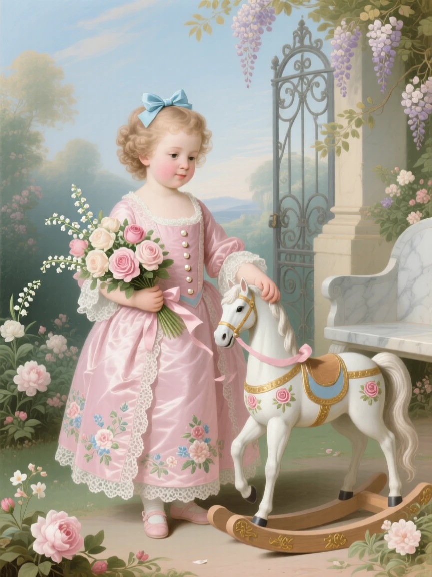 A child in ceremonial dress holding a tiny bouquet and a wooden horse  