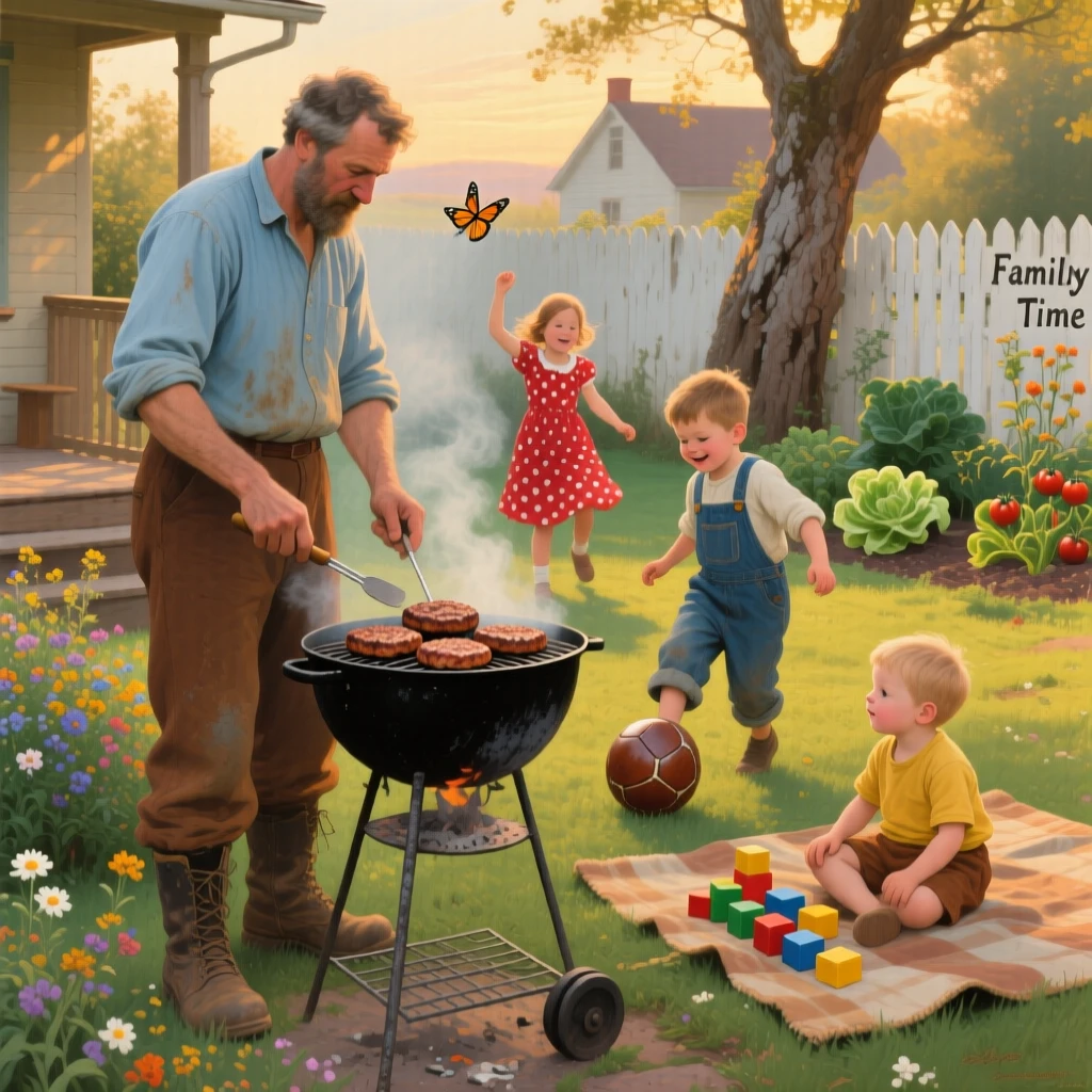 A father grilling burgers in the backyard while kids play nearby, as the golden light of late afternoon fills the space, radiating comfort, love, and togetherness
