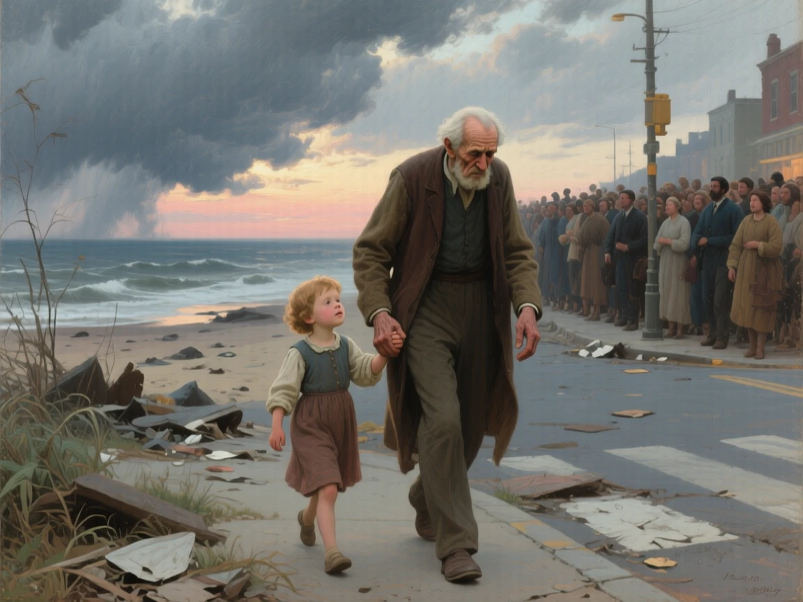 A child leading a blind grandfather safely across a busy street just as relief washes over every face, set on a storm-battered shoreline at first light, with storm clouds parting just behind the embracing figures; diagonal light spills across the reunited figures, isolating them from the crowd, filled with gratitude, humility, and human warmth.
