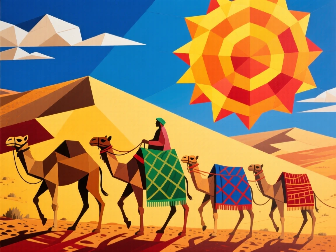 A silk road caravan crossing golden dunes beneath a blazing desert sun.