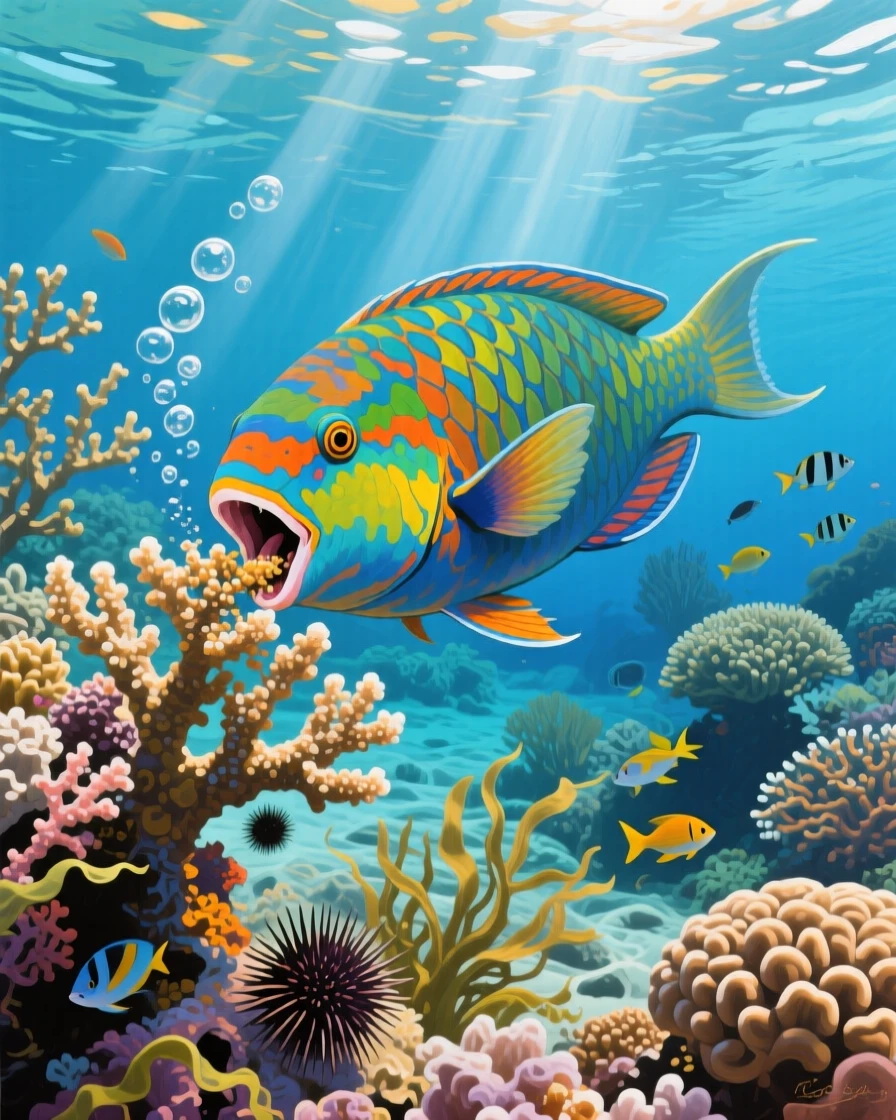 A colorful parrotfish grazes on coral in the Great Barrier Reef, its beak-like mouth crunching audibly as it moves across the vibrant reef structure, the surrounding habitat rendered in enough detail to suggest a specific time and place.