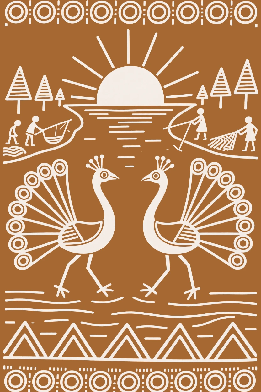 A pair of peacocks crossing a wide river at dawn.