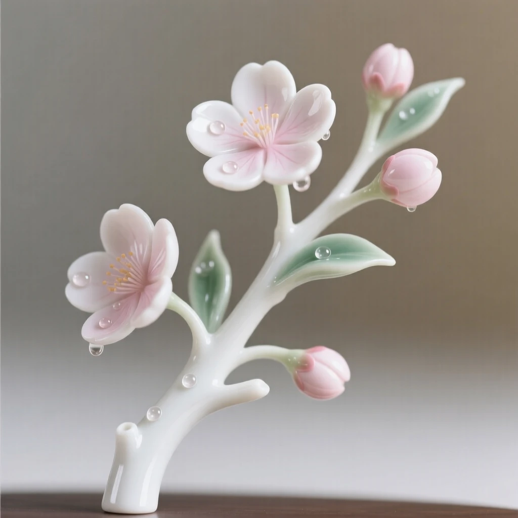 A single cherry blossom branch caught mid-bloom against a soft blurred background, dew drops resting delicately on its surface.