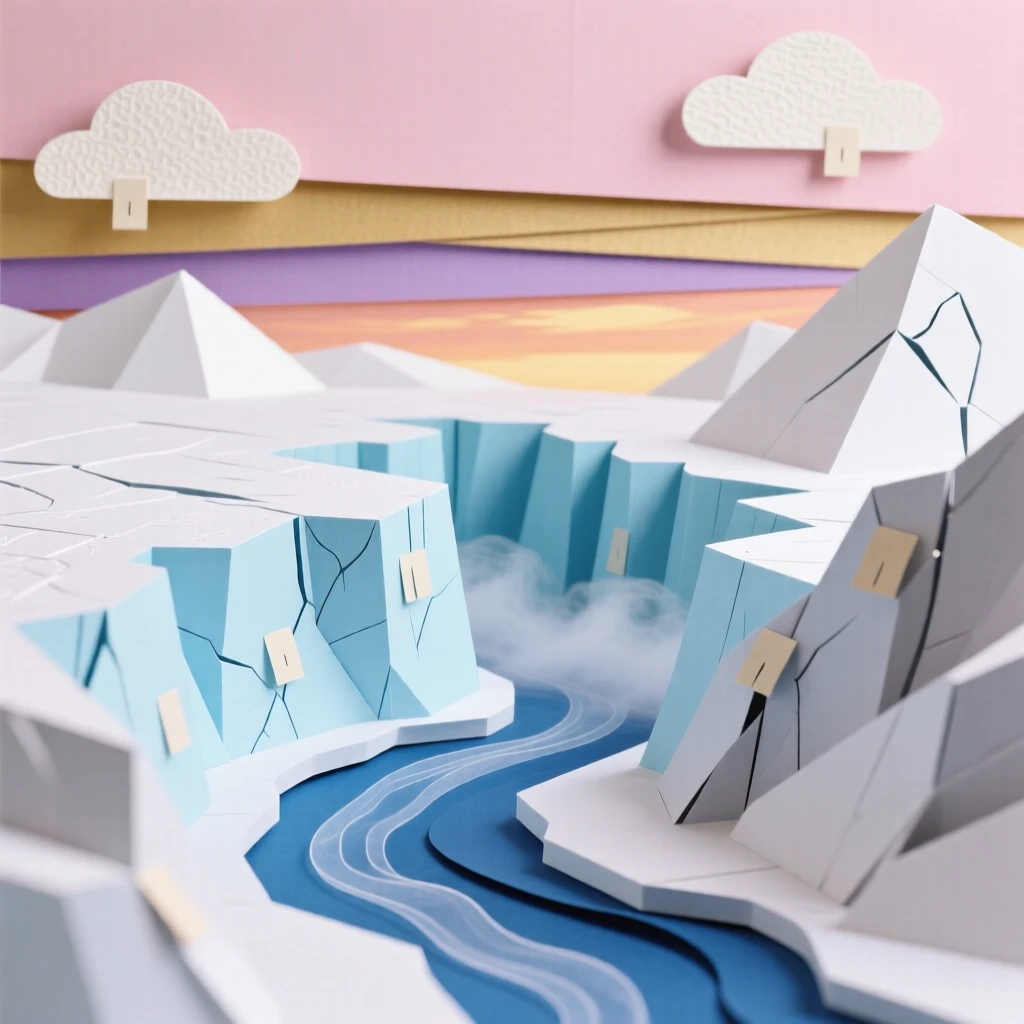 A glacier valley carved by ancient ice under a sky painted with pink and gold, with mist curling low across the water, evoking serene, meditative contemplation.