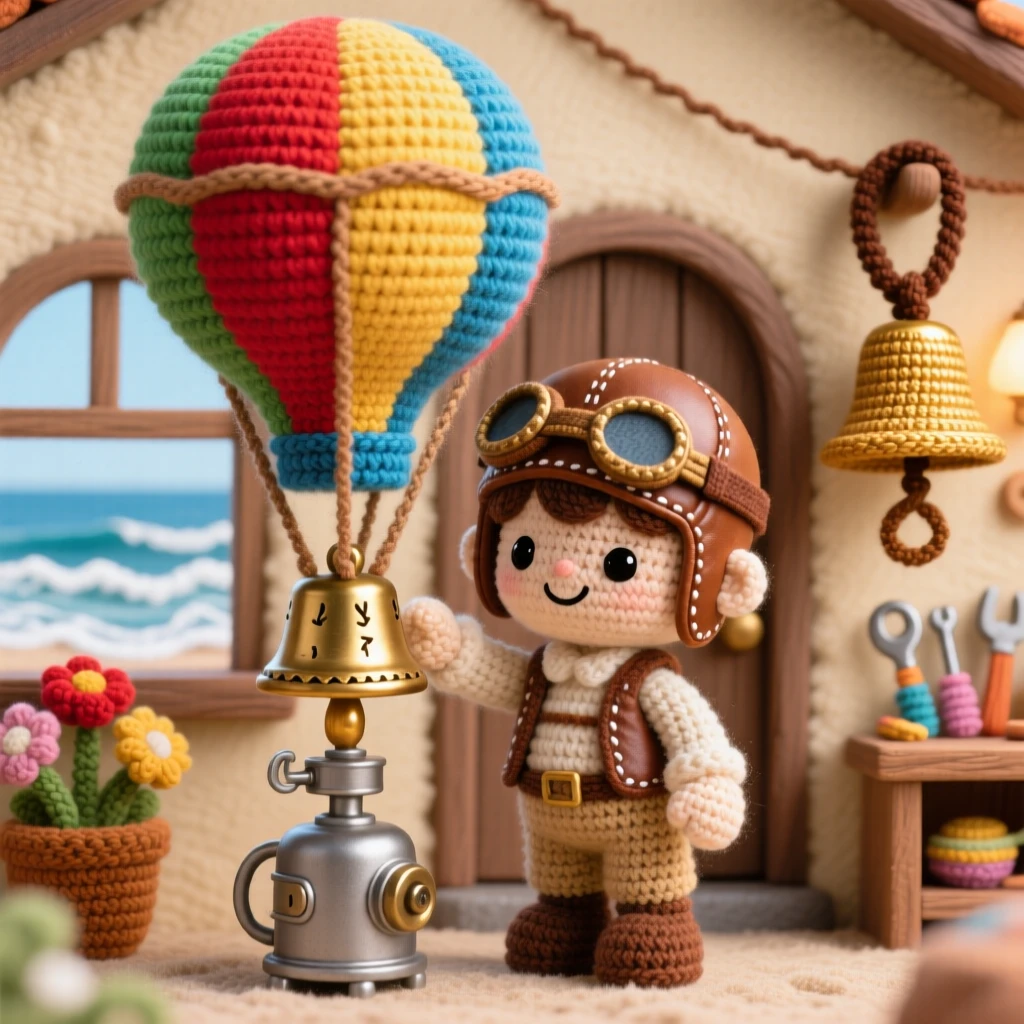A charming scene of a small boy hot air balloon pilot with a leather cap and goggles, adjusting the burner of a colorful balloon inside a seaside cottage with a view of the waves; a small brass bell hanging by the door adds to the moment, full of cheerful industriousness and community spirit.