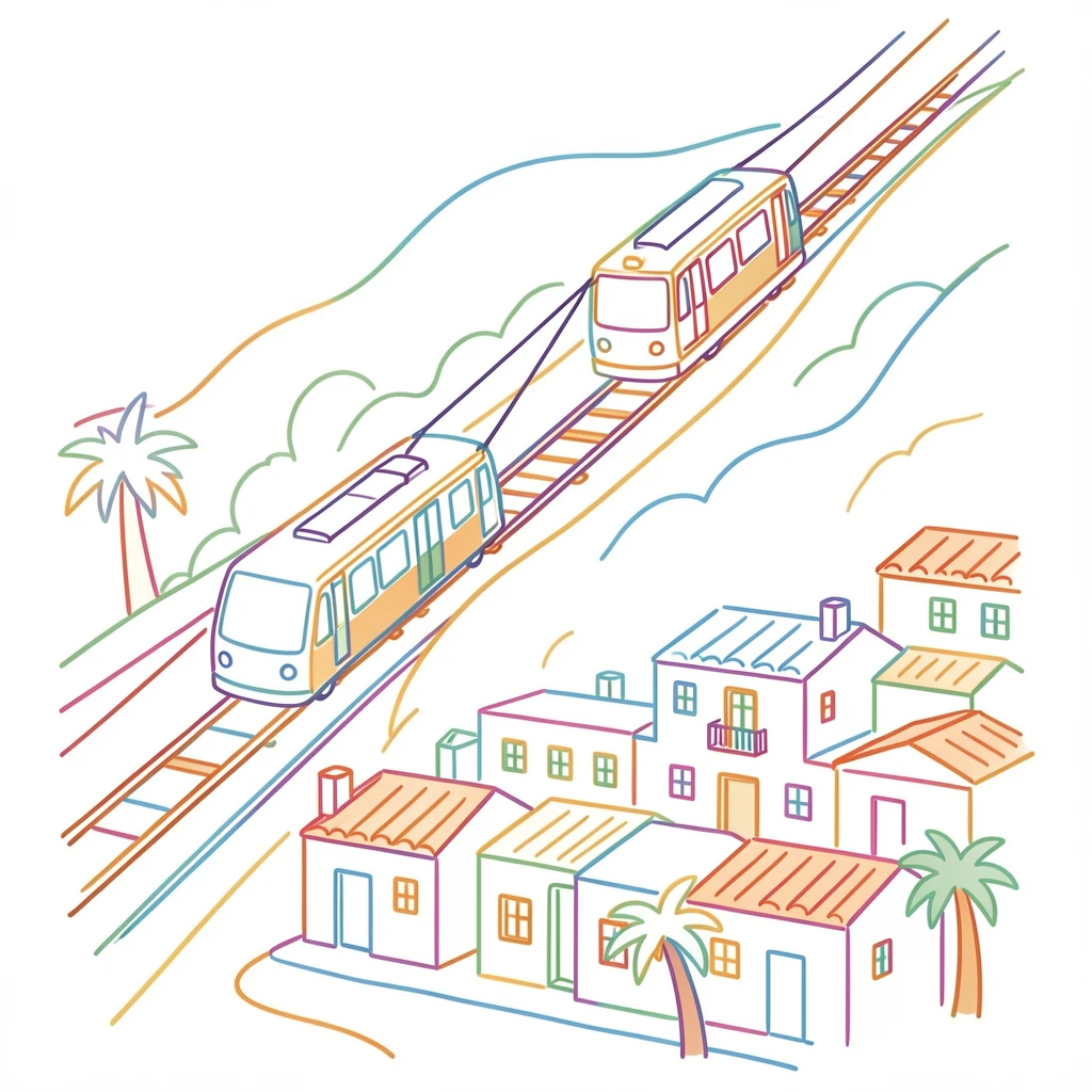A funicular railway climbing a steep hill above a Mediterranean coastal town.