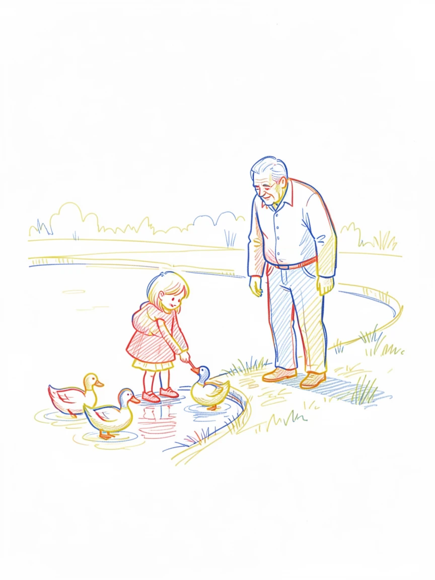 A young girl feeding ducks at a park pond with her grandfather