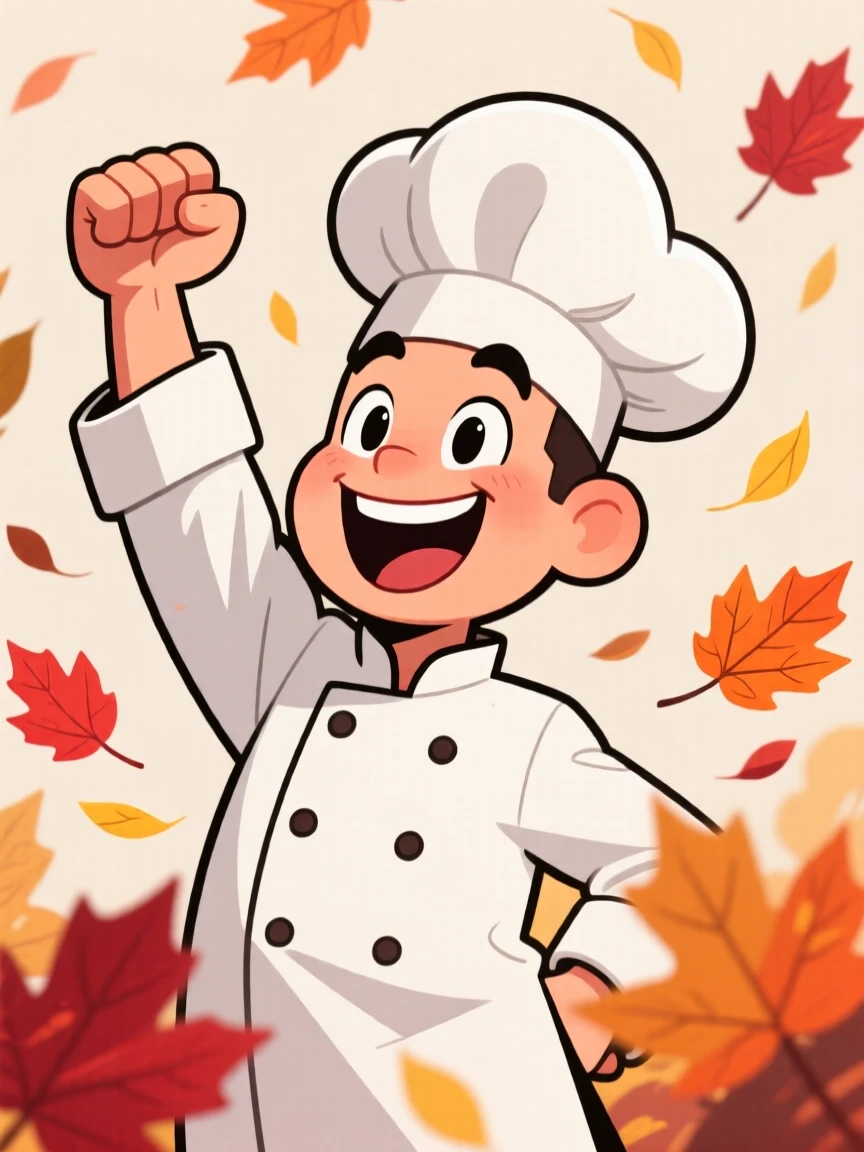 A charming portrait of a cheerful chef, raising a fist in triumphant celebration, with autumn leaves drifting past in the breeze.