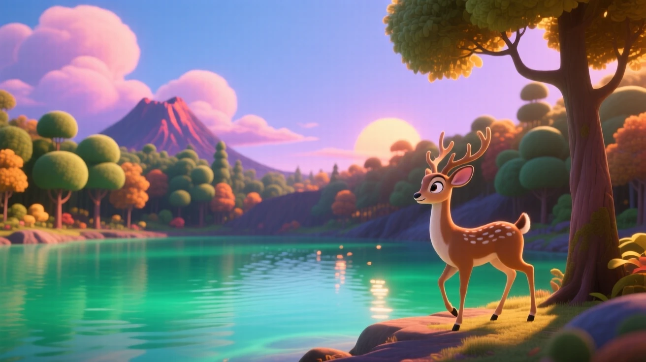 A volcanic crater lake glows under a sky full of drifting clouds, with a single deer pausing at the tree line. A deep sense of peace and quiet awe fills the scene.