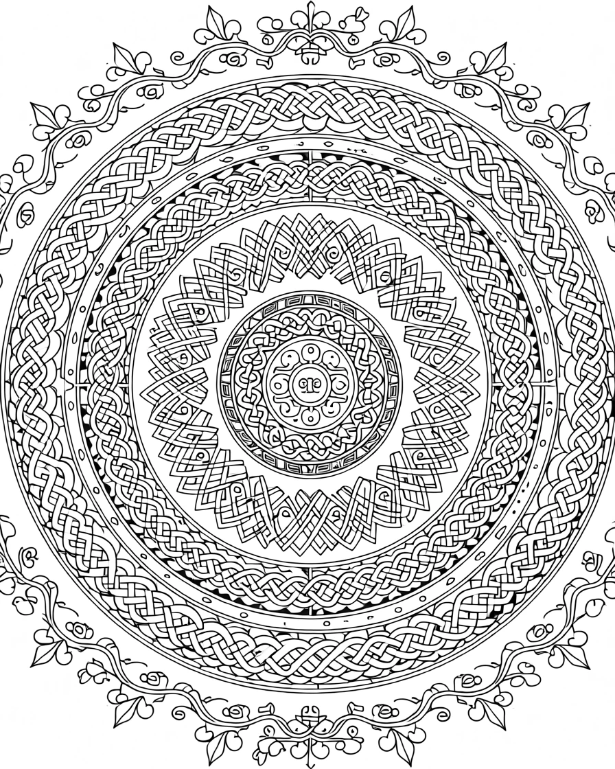 A mandala of interlaced Celtic knotwork forming a circular border.
