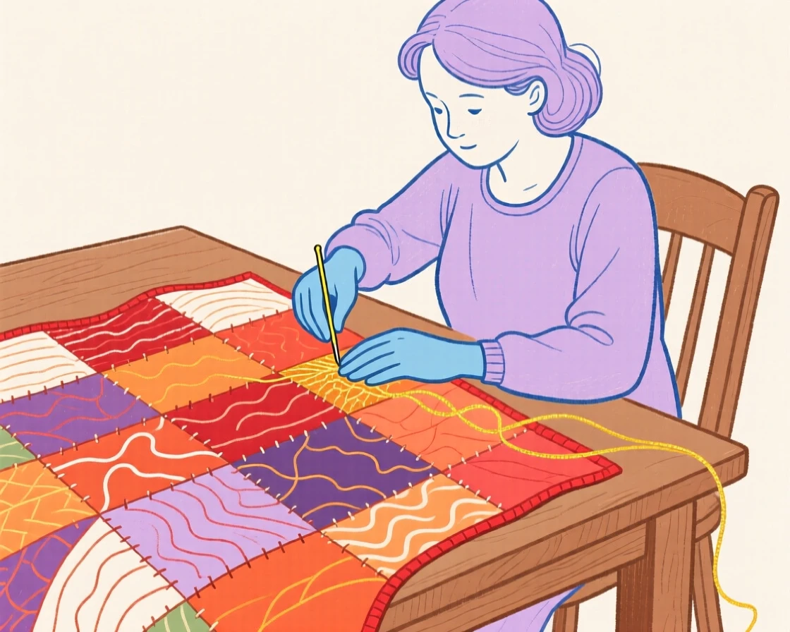 A quilter piecing together a colorful patchwork blanket.