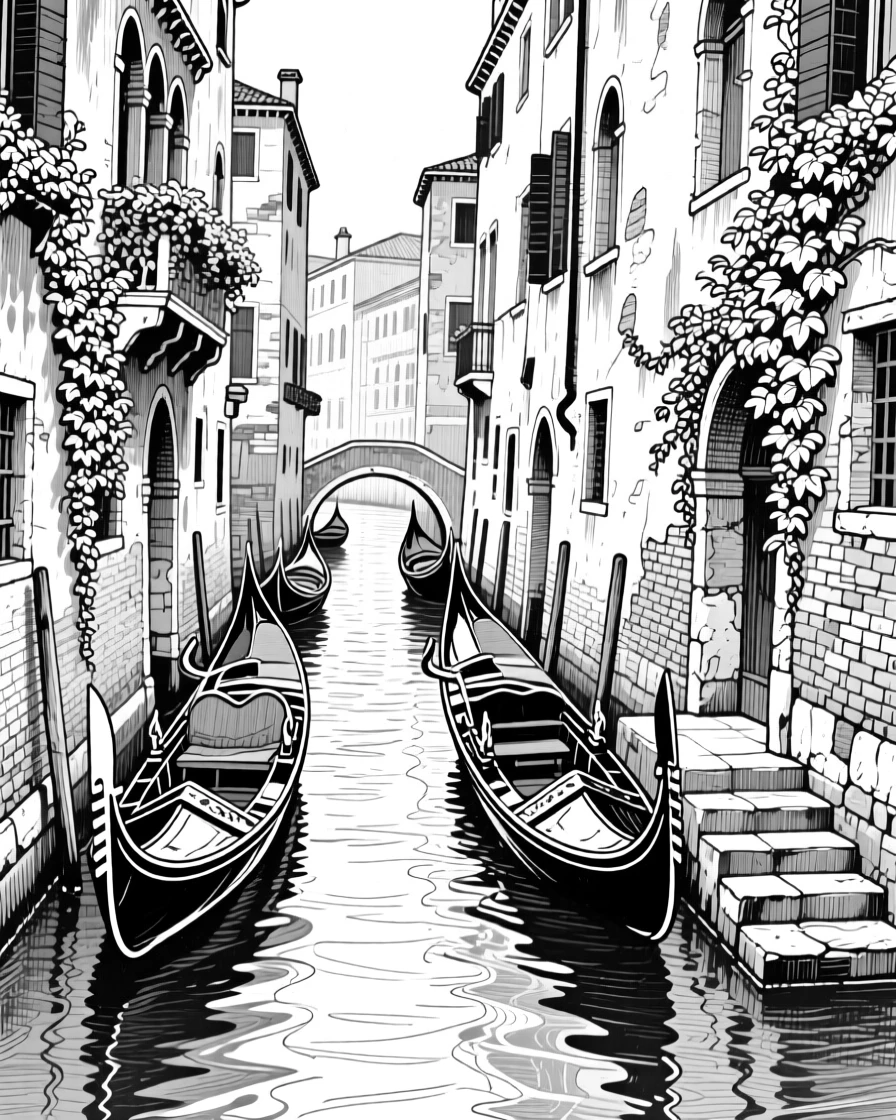 A venetian canal lined with gondolas with ivy climbing its weathered walls, featuring worn stone steps polished by centuries of footsteps, rendered in a quietly charming architectural composition.