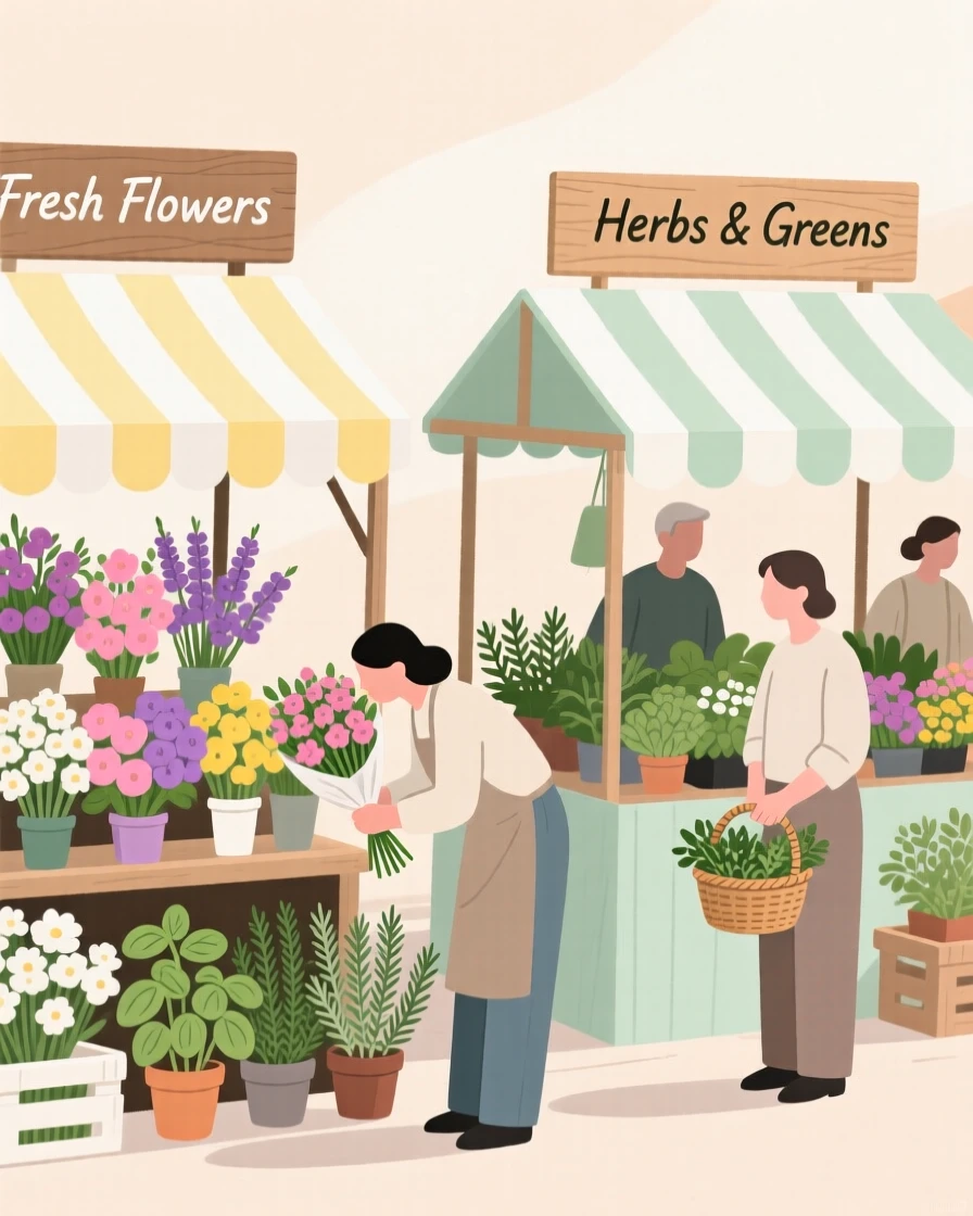 A bustling farmer's market filled with stalls of fresh flowers and herbs.